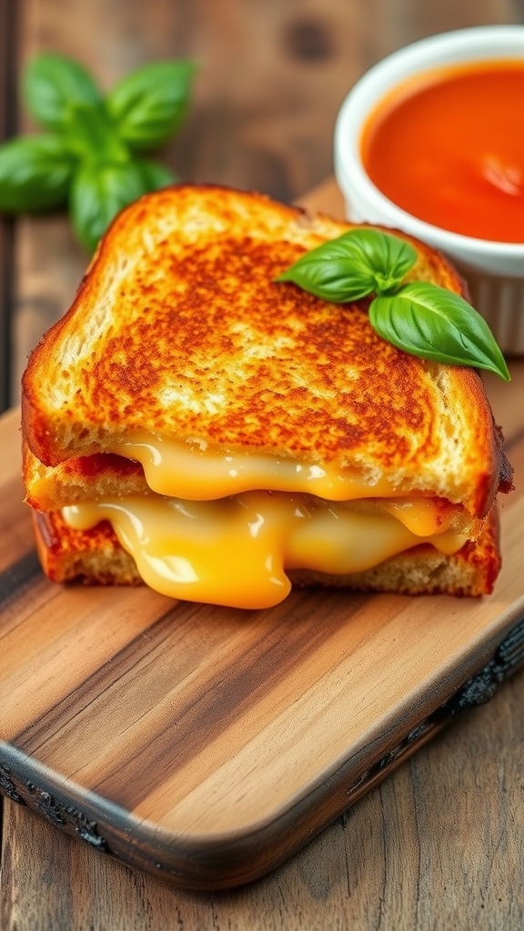 A delicious grilled three cheese sandwich served with tomato soup on a wooden board.